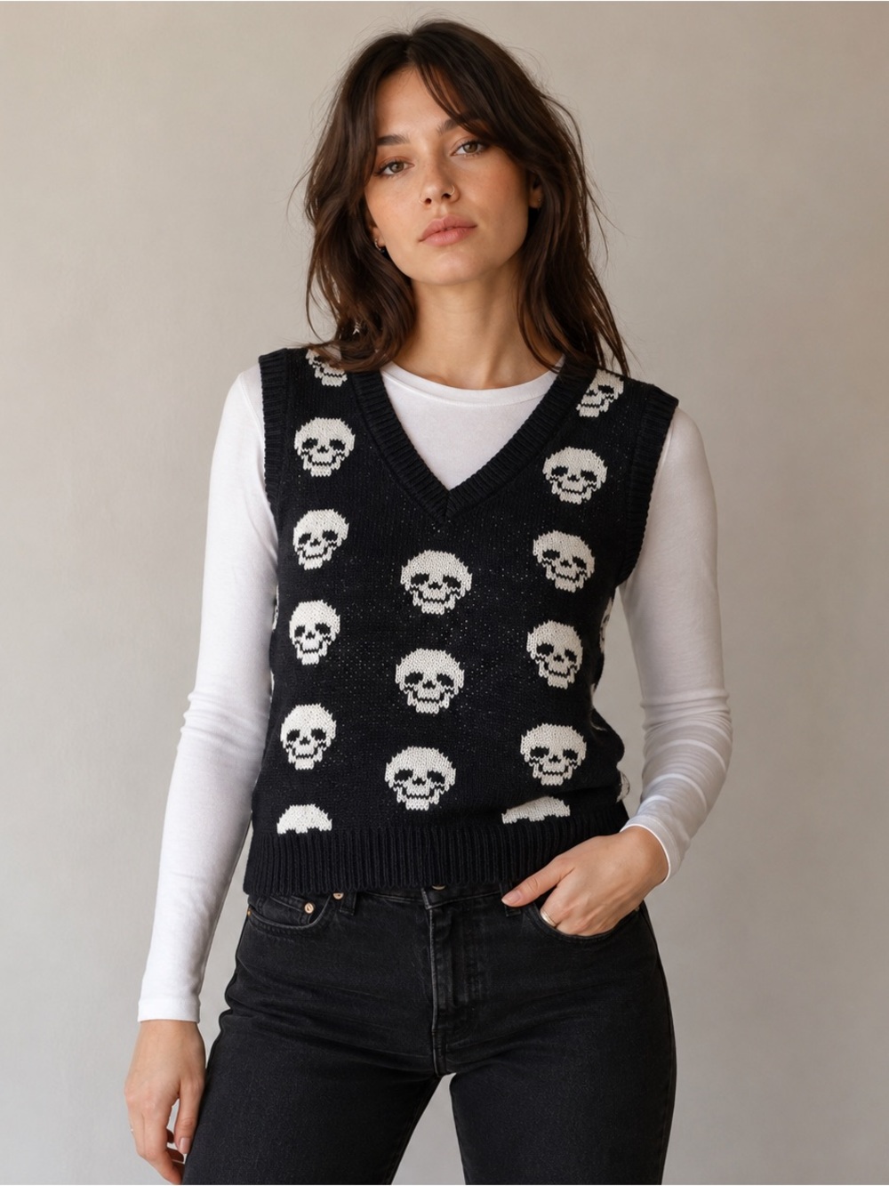 No Boundaries Skull Knit Sweater Vest Small Goth Halloween Grunge
